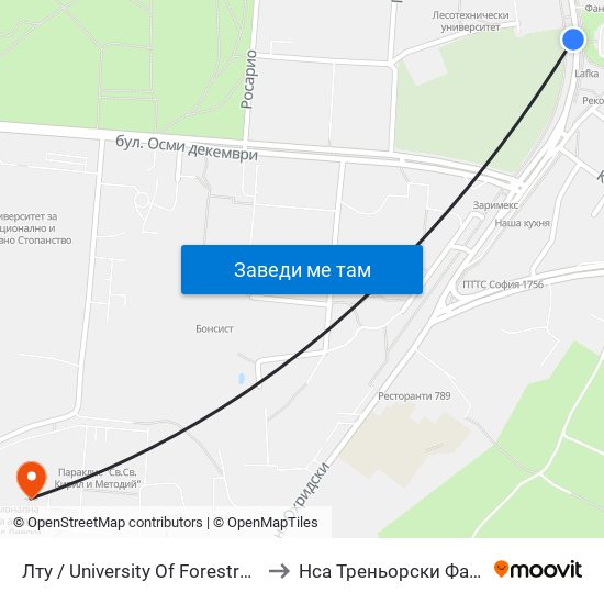 Лту / University Of Forestry (0617) to Нса Треньорски Факултет map