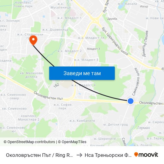 Околовръстен Път / Ring Road (1182) to Нса Треньорски Факултет map