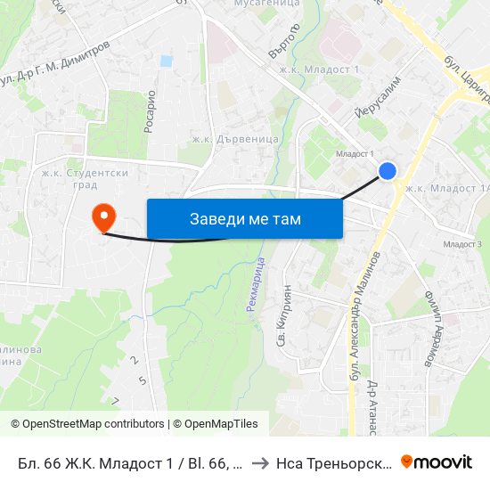Бл. 66 Ж.К. Младост 1 / Bl. 66, Mladost 1 Qr (0246) to Нса Треньорски Факултет map