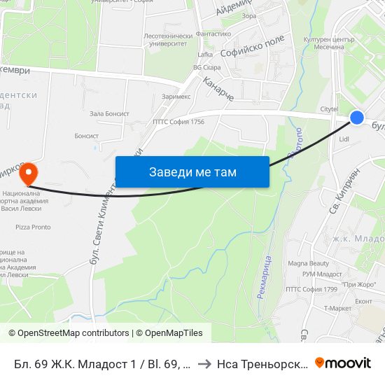 Бл. 69 Ж.К. Младост 1 / Bl. 69, Mladost 1 Qr. (0247) to Нса Треньорски Факултет map