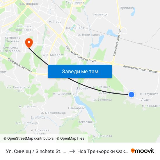 Ул. Синчец / Sinchets St. (2173) to Нса Треньорски Факултет map