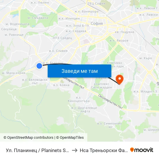 Ул. Планинец / Planinets St. (2104) to Нса Треньорски Факултет map