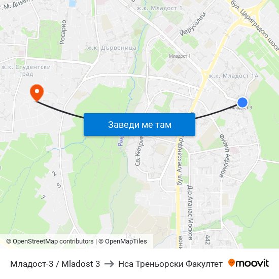 Младост-3 / Mladost 3 to Нса Треньорски Факултет map