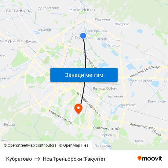 Кубратово to Нса Треньорски Факултет map