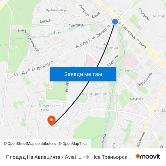 Площад На Авиацията / Aviation Square (1257) to Нса Треньорски Факултет map