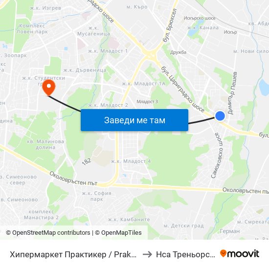 Хипермаркет Практикер / Praktiker Hypermarket (2409) to Нса Треньорски Факултет map