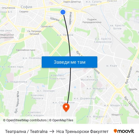 Театрална / Teatralna to Нса Треньорски Факултет map