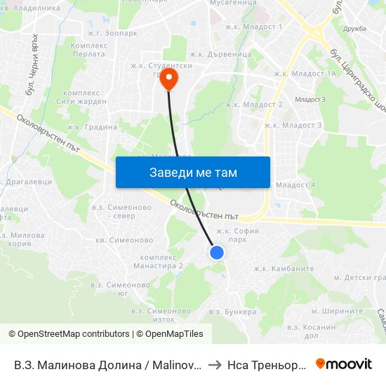 В.З. Малинова Долина / Malinova Dolina Village Zone (2824) to Нса Треньорски Факултет map