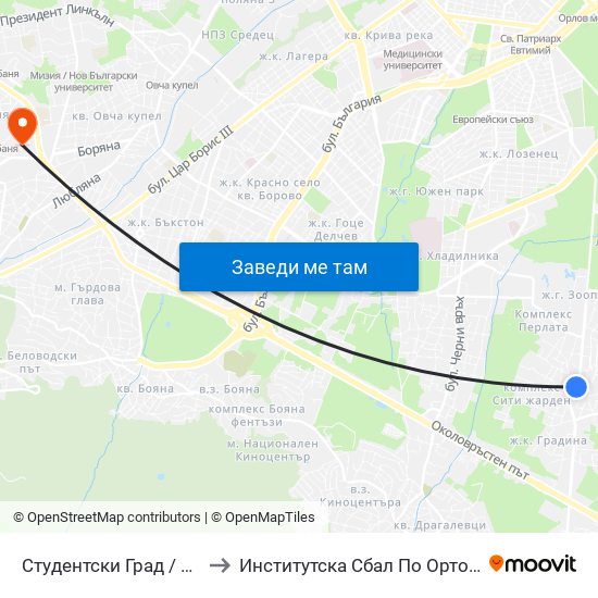 Студентски Град / Students' Town (2382) to Институтска Сбал По Ортопедия Проф. Бойчо Бойчев map