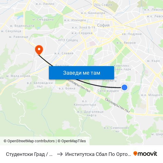 Студентски Град / Students' Town (1693) to Институтска Сбал По Ортопедия Проф. Бойчо Бойчев map