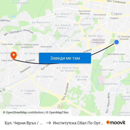 Бул. Черни Връх / Cherni Vrah Blvd. (0401) to Институтска Сбал По Ортопедия Проф. Бойчо Бойчев map