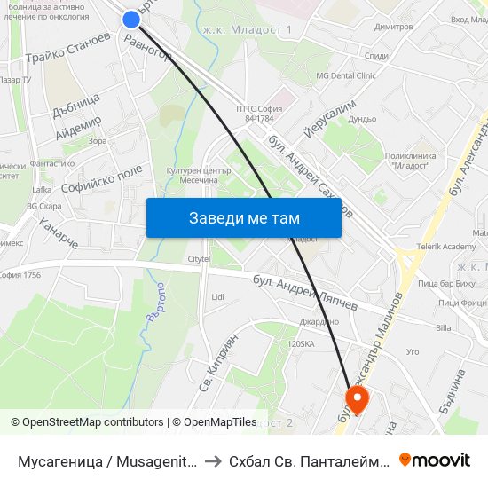 Мусагеница /  Musagenitsa to Схбал Св. Панталеймон map