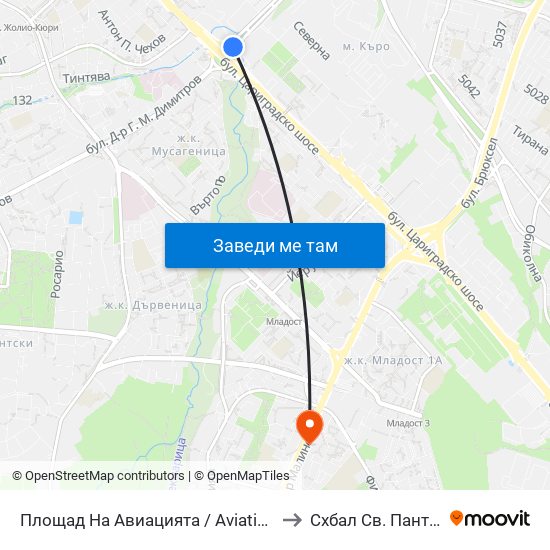 Площад На Авиацията / Aviation Square (1258) to Схбал Св. Панталеймон map
