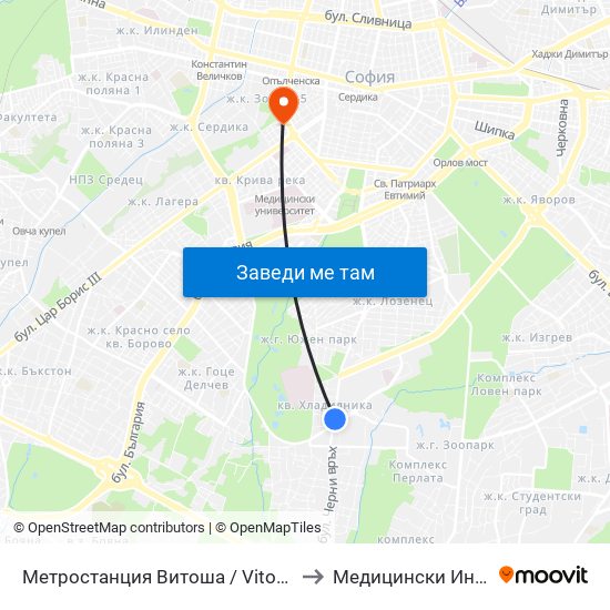 Метростанция Витоша / Vitosha Metro Station (2654) to Медицински Институт На Мвр map