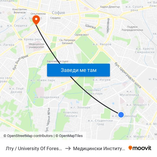 Лту / University Of Forestry (0614) to Медицински Институт На Мвр map