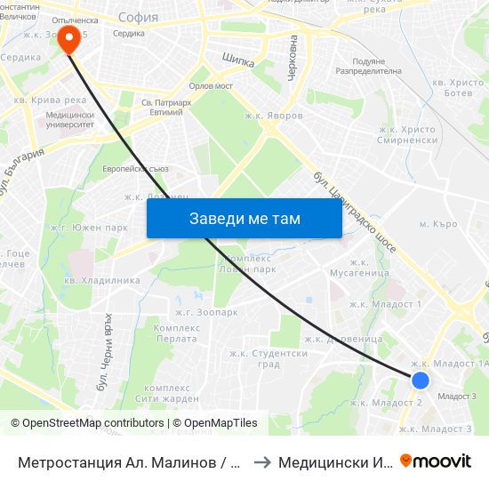 Метростанция Ал. Малинов / Al. Malinov Metro Station (0170) to Медицински Институт На Мвр map