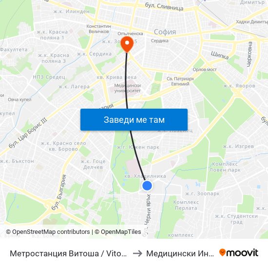 Метростанция Витоша / Vitosha Metro Station (2755) to Медицински Институт На Мвр map