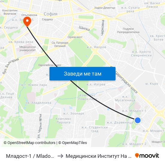 Младост-1 / Mladost 1 to Медицински Институт На Мвр map