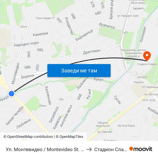 Ул. Монтевидео / Montevideo St. (2050) to Стадион Славия map