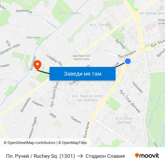 Пл. Ручей / Ruchey Sq. (1301) to Стадион Славия map