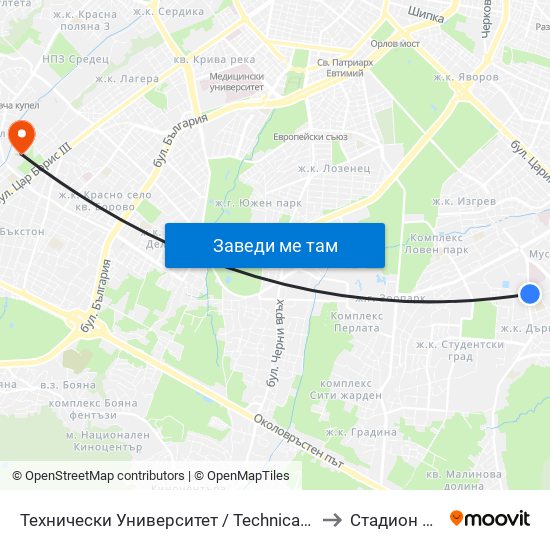 Технически Университет / Technical University (1743) to Стадион Славия map