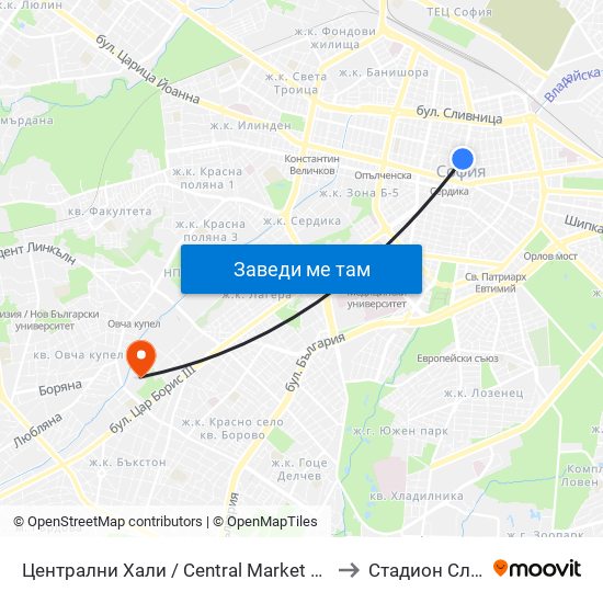 Централни Хали / Central Market Hall (2337) to Стадион Славия map