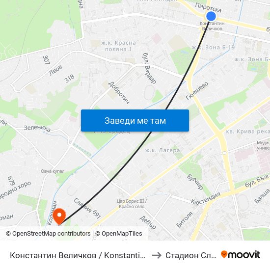 Константин Величков / Konstantin Velichkov to Стадион Славия map