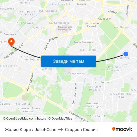 Жолио Кюри / Joliot-Curie to Стадион Славия map