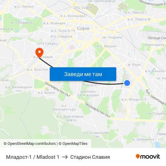 Младост-1 / Mladost 1 to Стадион Славия map