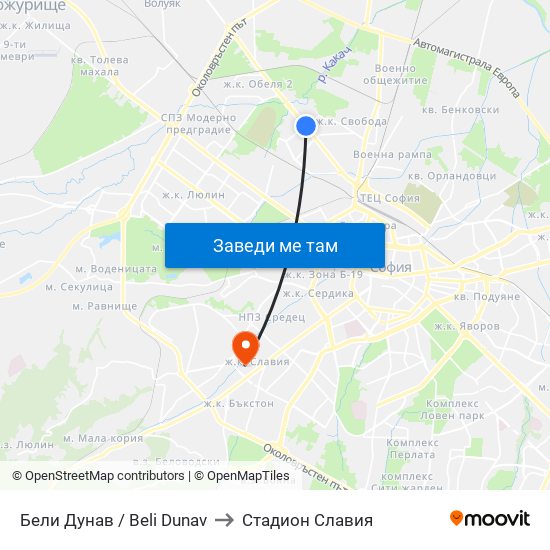 Бели Дунав / Beli Dunav to Стадион Славия map