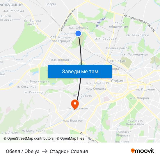 Обеля / Obelya to Стадион Славия map