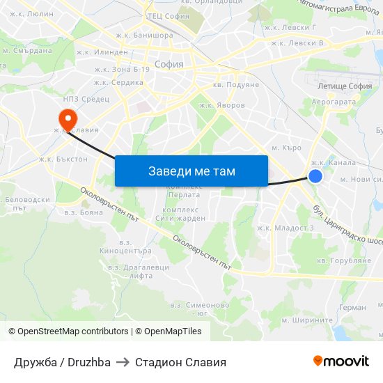 Дружба / Druzhba to Стадион Славия map