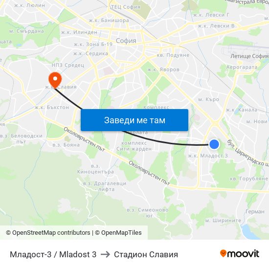 Младост-3 / Mladost 3 to Стадион Славия map