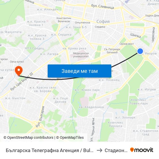 Българска Телеграфна Агенция / Bulgarian News Agency (1395) to Стадион Славия map