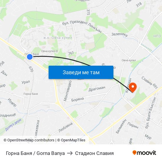 Горна Баня / Gorna Banya to Стадион Славия map