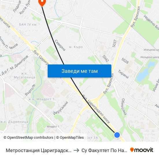 Метростанция Цариградско Шосе / Tsarigradsko Shosse Metro Station (1017) to Су Факултет По Начална И Предучилищна Педагогика map
