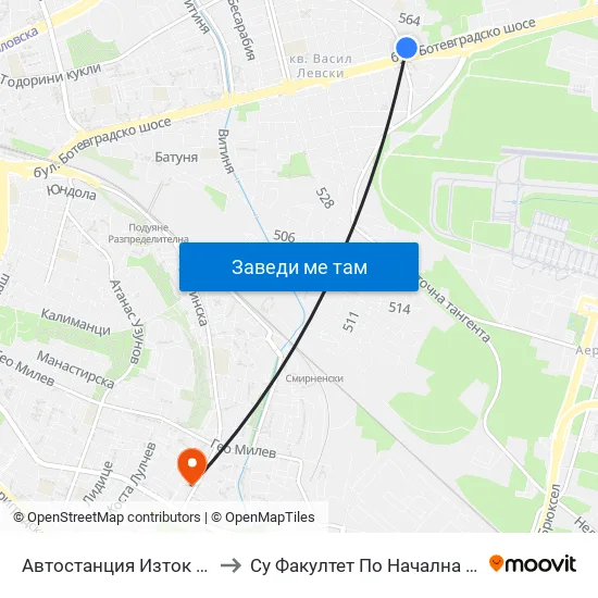🚌 Автостанция Изток / Iztok Bus Station (0056) to Су Факултет По Начална И Предучилищна Педагогика map