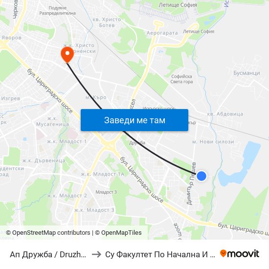 Ап Дружба / Druzhba Bus Depot (0078) to Су Факултет По Начална И Предучилищна Педагогика map