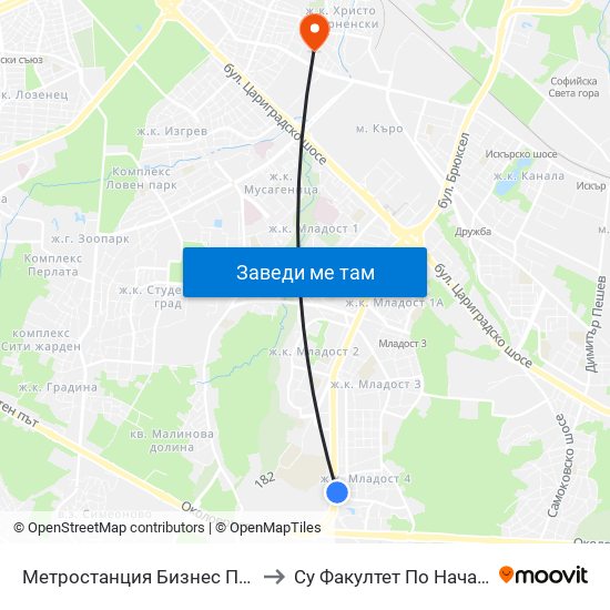 Метростанция Бизнес Парк / Business Park Metro Station (2491) to Су Факултет По Начална И Предучилищна Педагогика map