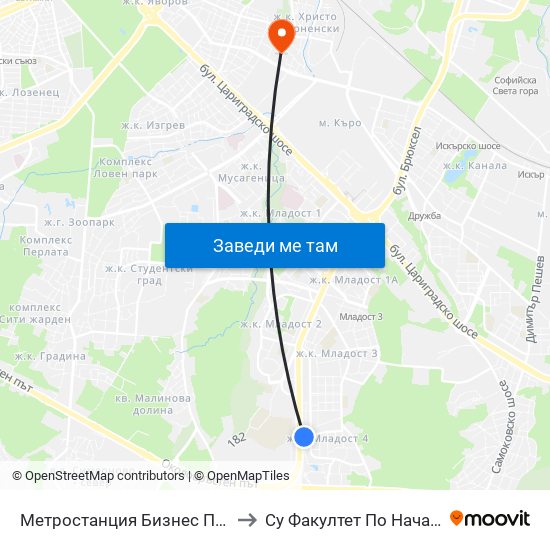 Метростанция Бизнес Парк / Business Park Metro Station (2374) to Су Факултет По Начална И Предучилищна Педагогика map