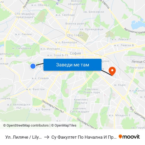 Ул. Лиляче / Lilyache St. (2032) to Су Факултет По Начална И Предучилищна Педагогика map