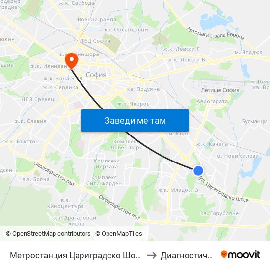 Метростанция Цариградско Шосе / Tsarigradsko Shosse Metro Station (1016) to Диагностичен Център Пансанус map