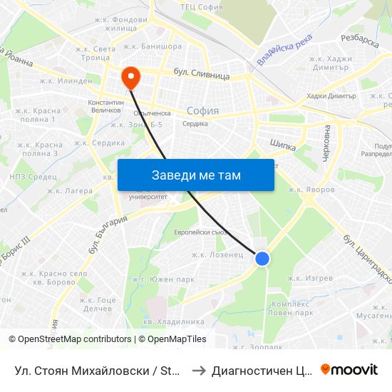 Ул. Стоян Михайловски / Stoyan Mihaylovski St. (2692) to Диагностичен Център Пансанус map