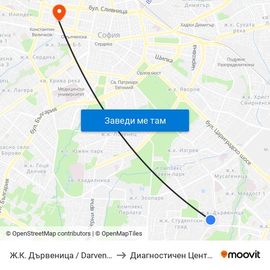 Ж.К. Дървеница / Darvenitsa Qr. (0800) to Диагностичен Център Пансанус map