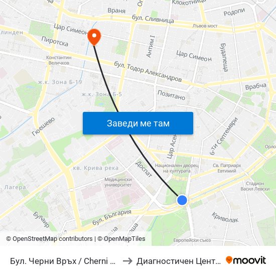 Бул. Черни Връх / Cherni Vrah Blvd. (0395) to Диагностичен Център Пансанус map