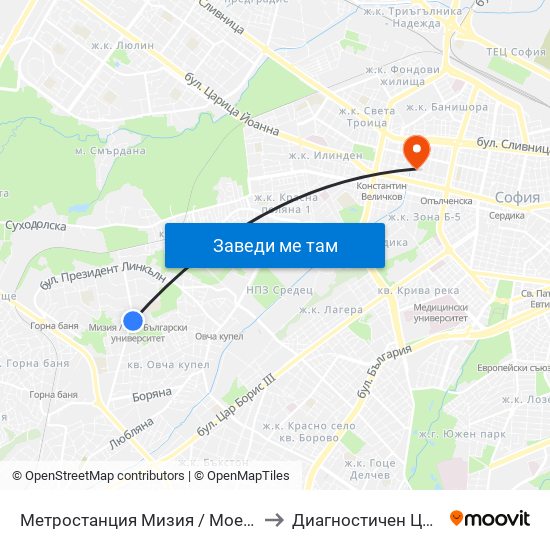 Метростанция Мизия / Moesia Metro Station (6089) to Диагностичен Център Пансанус map