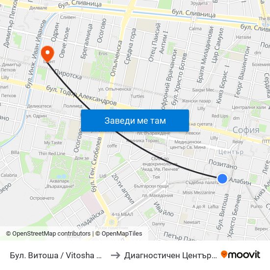 Бул. Витоша / Vitosha Blvd. (2825) to Диагностичен Център Пансанус map