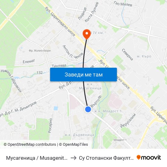 Мусагеница /  Musagenitsa to Су Стопански Факултет map
