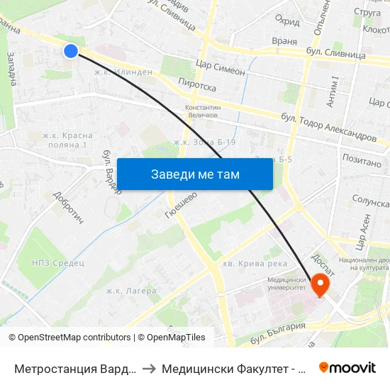 Метростанция Вардар / Vardar Metro Station (2572) to Медицински Факултет - Предклиничен Университетски Център map