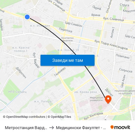 Метростанция Вардар / Vardar Metro Station (1047) to Медицински Факултет - Предклиничен Университетски Център map